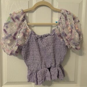 Lilac Smocked Blouse with Sheer Puff Sleeves